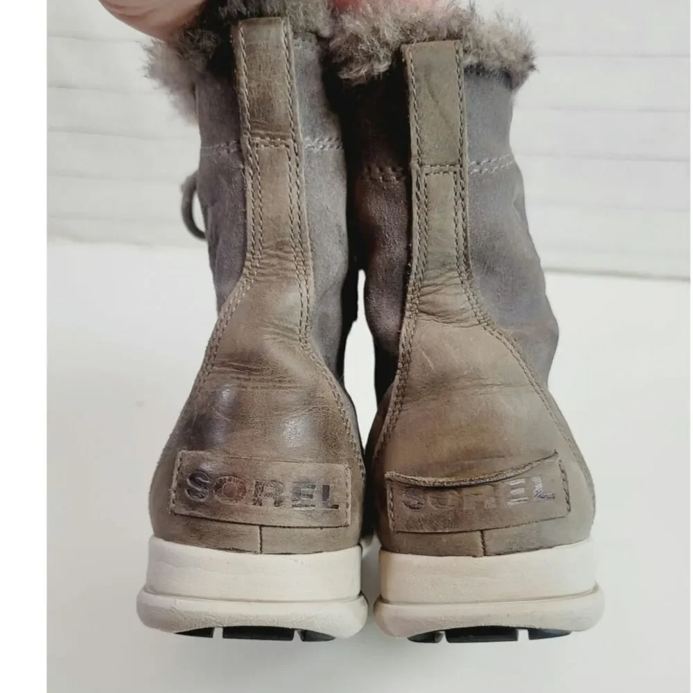 Sorel Explorer Joan Shearling Waterproof Suede Leather Bootie in Gray, sz 9.5
